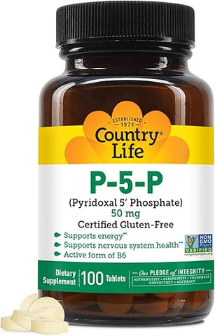 P-5-P Vitamina B6 – Suplemento de Piridoxal-5-Fosfato Bioativo para Energia, Suporte ao Sistema Nervoso e Crescimento de Células Vermelhas do Sangue – Certificado Livre de Glúten, Vegano – 100% Natural e Eficaz - Country Life