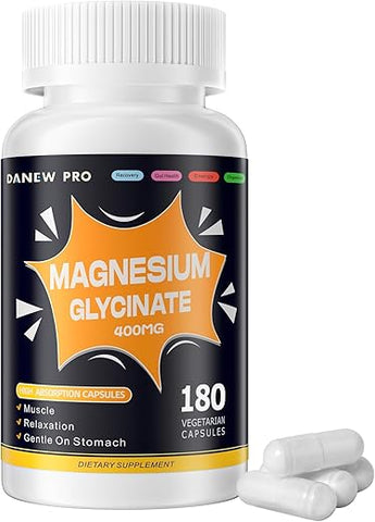 DANEW PRO - Magnésio Glicinato 400 MG por Porção 100%% Quelado para Alta Absorção, Suave no Estômago, Não-OGM, 180 Cápsulas Vegetarianas