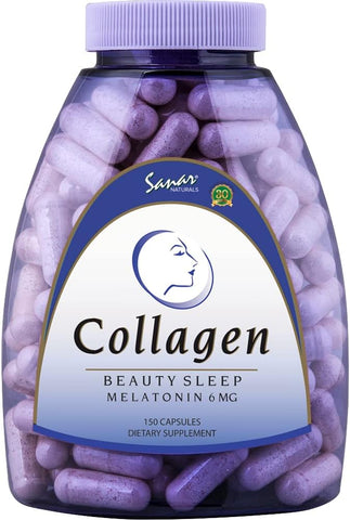 Colágeno em Cápsulas Beauty Sleep com Melatonina 6 mg – Fortalece Cabelos, Pele, Unhas e Articulações – Colágeno Hidrolisado para Mulheres e Homens, Suplemento de Peptídeos de Colágeno, 150 Cápsulas - Sanar Naturals