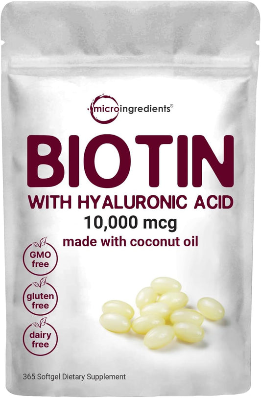 Biotina 10.000mcg c/ Ácido Hialurônico 25mg | 365 Softgels Óleo de Coco Virgem, Liberação Rápida, Suprimento de Um Ano, Suporta Cabelos e Pele Saudáveis - Micro Ingredients