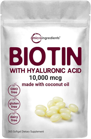 Biotina 10.000mcg c/ Ácido Hialurônico 25mg | 365 Softgels Óleo de Coco Virgem, Liberação Rápida, Suprimento de Um Ano, Suporta Cabelos e Pele Saudáveis - Micro Ingredients