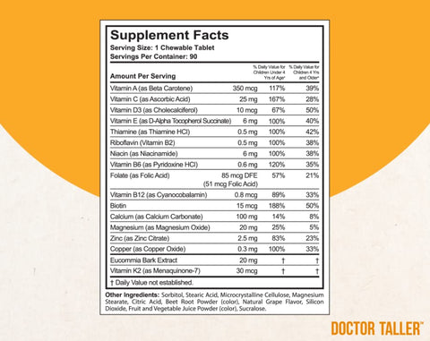 NuBest - Doctor Taller Kids – Multivitaminas Infantis, Vitaminas para Crianças – Fortalecimento Ósseo, Imunidade Reforçada com Cálcio, Multivitaminas para Idades de 2 a 9 – Sabor Uva – 90 Veganas
