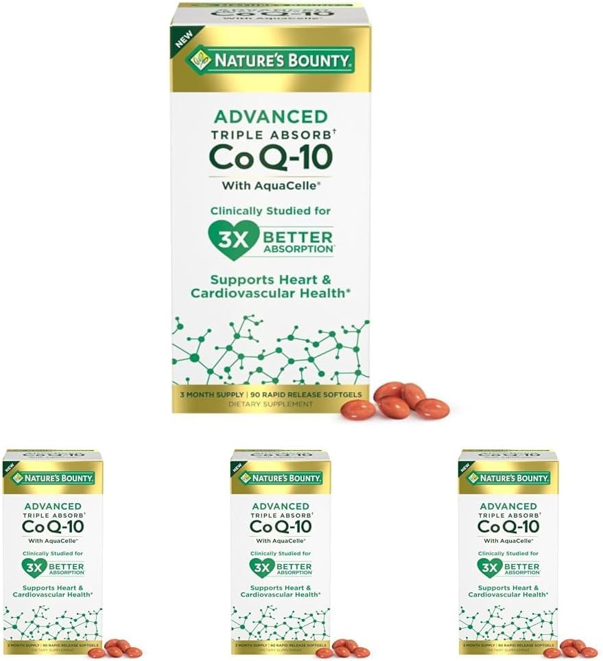Nature's Bounty - Nature’s Bounty Co Q-10 Avançado Triplo Absorção, Saúde do Coração, Cápsulas Softgels de Liberação Rápida, 90 Un (Pacote com 4)