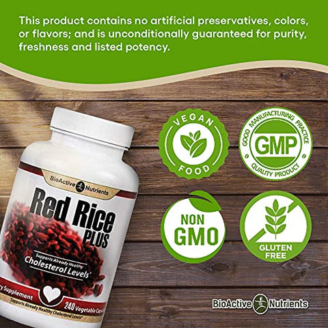BIOACTIVE NUTRIENTS - Suplemento Red Rice Plus – 240 Cápsulas Vegetais – Mistura Exclusiva de Açafrão, Pimenta-do-Reino, Pimenta Caiena, Raiz de Gengibre e Alecrim – Suporte ao Colesterol