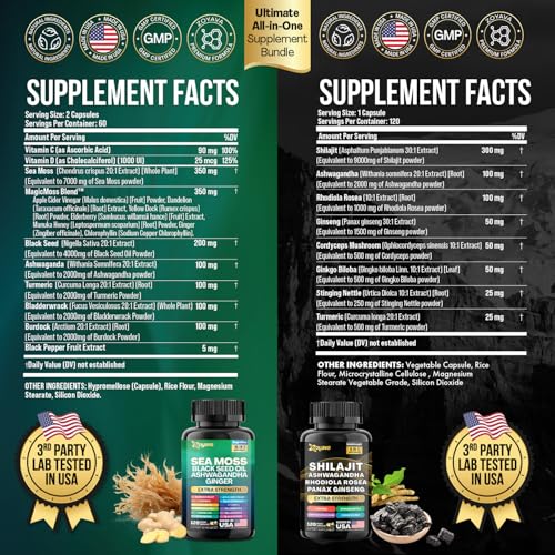 Dynamic Vitality Bundle: Sea Moss e Shilajit, Sea Moss 7000mg, Óleo de Semente Negra 4000mg, Ashwagandha 2000mg, Gengibre - Zoyava