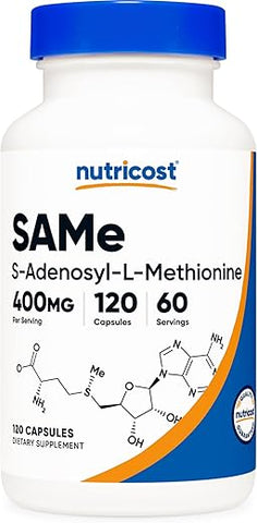 SAM-e 400mg por Porção, 60 Porções, 200mg por Cápsula, 120 Cápsulas – Não-OGM, Livre de Glúten, Vegetariano - Nutricost