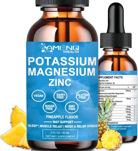 AMENQ hHEALTH - Potássio Magnésio Líquido Drops Aspartato de Magnésio Potássio com Bromelina, Vitamina B6 D3, Ashwagandha, Zinco Orgânico – Cãibras Musculares, Vascular