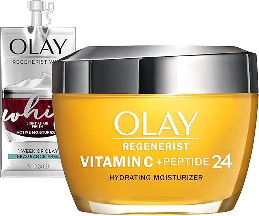 Regenerist Vitamin C Peptide 24 Hidratante Facial Iluminador para Pele Mais Brilhante, Creme Anti-idade Leve para Manchas Escuras, Inclui Olay Whip Tamanho Viagem para pele seca, 50g - Olay
