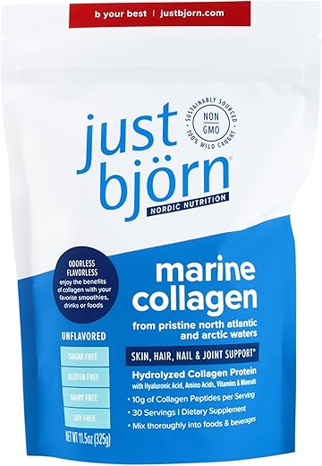 just björn - Just Bjorn Pó de Peptídeos de Colágeno Marinho sem Sabor – Suporte para Pele, Cabelo, Unhas e Articulações com Ácido Hialurônico, Vitamina C e Aminoácidos – (30 Porções | 325g)