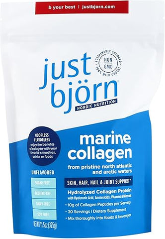 just björn - Just Bjorn Pó de Peptídeos de Colágeno Marinho sem Sabor – Suporte para Pele, Cabelo, Unhas e Articulações com Ácido Hialurônico, Vitamina C e Aminoácidos – (30 Porções | 325g)