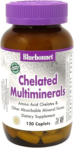 Nutrition – Multiminerais Quelados de Alta Potência, Minerais Quelados Albion, Sem Soja, Sem Glúten, Não-OGM, Certificado Kosher, Sem Laticínios, 120 Comprimidos, 40 Porções - Bluebonnet