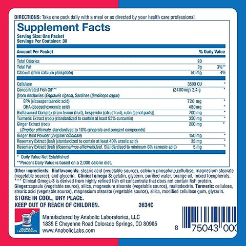 Anabolic Laboratories - DeFlame Nutrition Pack – 30 Pacotes Diários de Multivitaminas – Ômega 3 Óleo de Peixe com EPA e DHA, Alecrim, Bioflavonoides, Gengibre, Curcumina Cúrcuma – Marca DeFlame