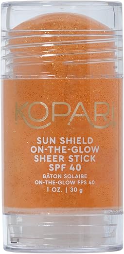 Protetor Solar Kopari Sun Shield On-The-Glow Stick FPS 40, Resistente ao Suor e à Água, Roll On para Rosto e Corpo com Vitamina E e Bisabolol, 30g