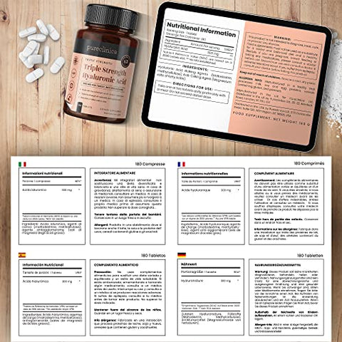 pureclinica - Hyaluronic Acid 300mg x 360 Tablets – 2 Frascos de 180 – Fornecimento de 12 Meses. Ácido Hialurônico Triplo Forte. 300%% Mais Forte do que Qualquer Outro Comprimido de AH