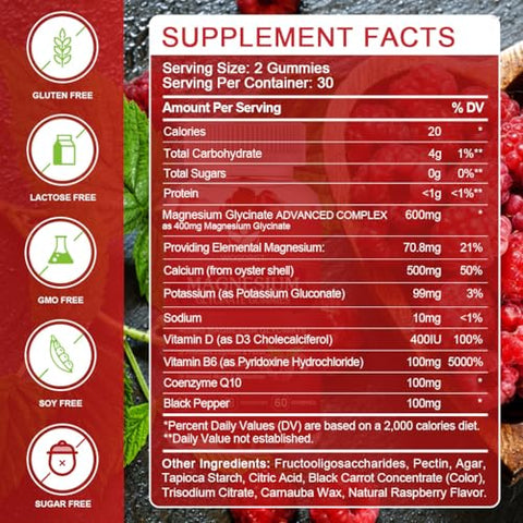 WOGORGT - Gummies de Magnésio Glicinato – 400mg Gummies de Magnésio Glicinato com Vitamina D, B6 e CoQ10, Suplemento de Magnésio para Relaxamento e Cognição, Sem Açúcar – 60 Gummies de Framboesa