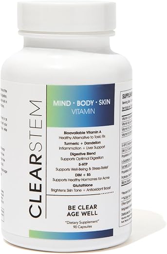 CLEARstem - CLEARSTEM – MINDBODYSKIN Suplemento para Acne Hormonal (5-HTP) – DIM Natural – Vitaminas para Cuidados com a Pele – Equilíbrio Hormonal, Antioxidantes – Vegano, Sem Glúten, Cruelty Free – 30g