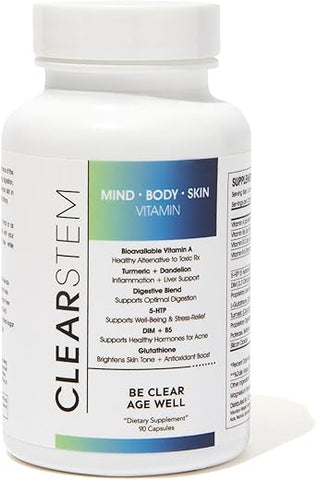 CLEARstem - CLEARSTEM – MINDBODYSKIN Suplemento para Acne Hormonal (5-HTP) – DIM Natural – Vitaminas para Cuidados com a Pele – Equilíbrio Hormonal, Antioxidantes – Vegano, Sem Glúten, Cruelty Free – 30g