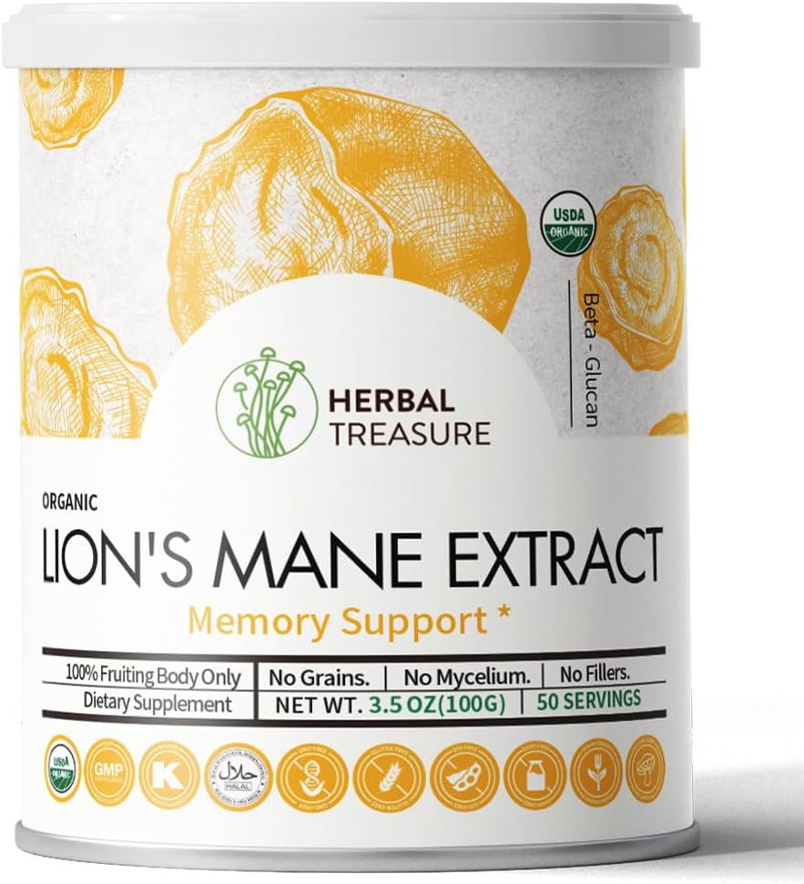 WL Herbal Treasure - Pó de Cogumelo do Leão Orgânico, Sem Transgênicos e Sem Glúten, Suporte à Memória, Concentração, Clareza, Criatividade e Humor – 50g