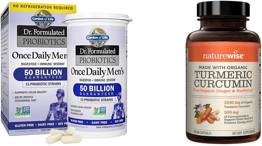 Probióticos para Homens 50 Bilhões UFC NatureWise Curcumina Cúrcuma 95%% Curcuminoides 2250mg Suporte Articular - Garden of Life