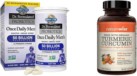 Probióticos para Homens 50 Bilhões UFC NatureWise Curcumina Cúrcuma 95%% Curcuminoides 2250mg Suporte Articular - Garden of Life