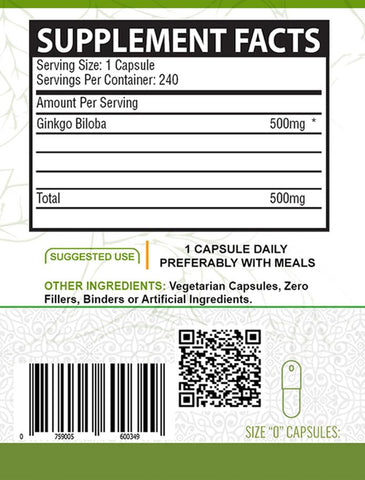 NutreeVit - Ginkgo Biloba Cápsulas Herbal (240 Unidades) – Suplemento Natural para Memória e Concentração