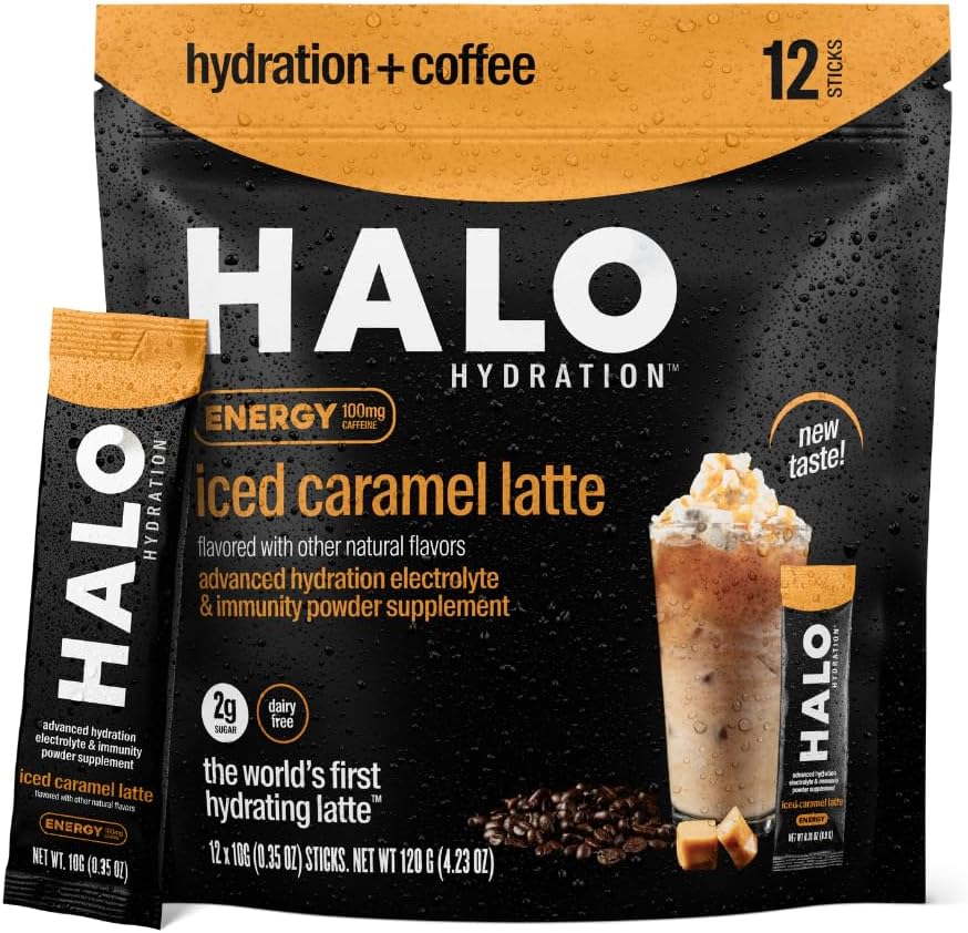 HALO Sport - HALO Iced Caramel Latte – Pó de Bebida Energética – Mistura de Café Saudável para Hidratação com Eletrólitos, Cafeína, Vitaminas e Minerais – 20 Calorias – Keto e Baixa Caloria – 1 x 12