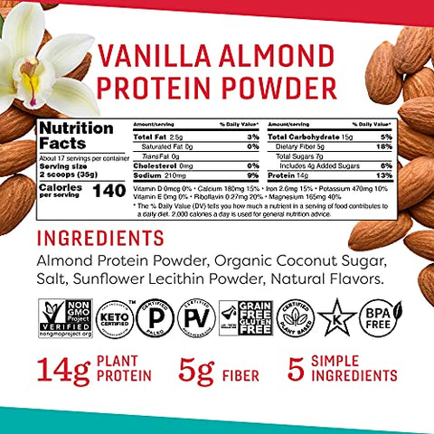 OCTONUTS - Proteína em Pó de Amêndoa de Baunilha, 21 Ounce (595g), Feita com Amêndoas da Califórnia, 14g de Proteína Vegetal, Keto, Paleo Friendly, Vegano, Sem Glúten, 17 Porções