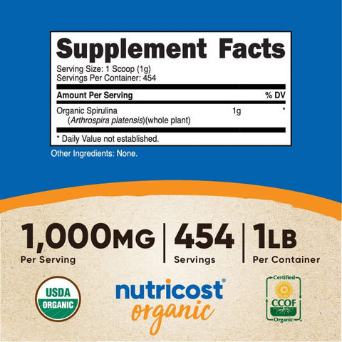 Spirulina Orgânica 1LB (3 Frascos) – 3LBS, 1g Por Porção - Nutricost