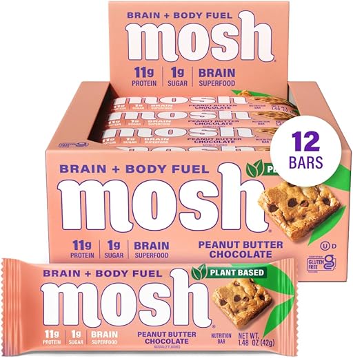 Barras de Proteína de Amendoim com Chocolate à Base de Plantas Keto, Alta Proteína, Sem Glúten, Lanche Saudável para o Cérebro com Ashwagandha e Lion’s Mane, 12 Unidades - MOSH