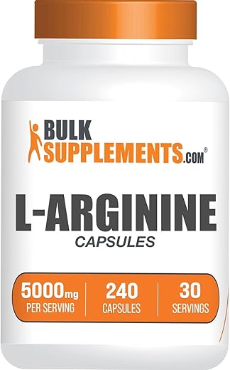 com L-Arginine 5000mg Cápsulas – Suplemento de Arginina, Óxido Nítrico, Sem Glúten, 8 Cápsulas por Porção, 240 Cápsulas (Pacote de 1) - BulkSupplements