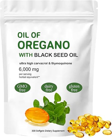 YILIXI - Óleo de Orégano Softgels, 2 em 1 6000mg Óleo de Orégano com Óleo de Semente Preta 200mg, Cápsulas de Suplemento de Óleo de Orégano, Sem GMO, Sem Glúten, 300 Cápsulas Softgel