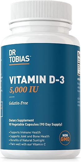 Vitamina D3 5000 UI, Essencial para Ossos, Dentes e Sistema Imunológico, Suplemento de Vitamina D de Alta Potência, Não-OGM, 90 Cápsulas, 90 Porções - Dr. Tobias