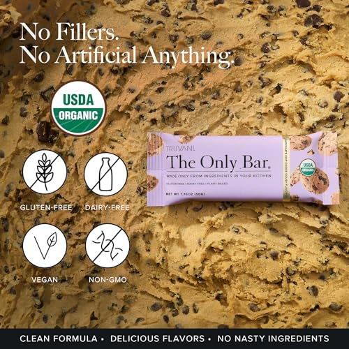 Barra de Lanche Vegana | Massa de Biscoito com Gotas de Chocolate | Pack com 12 Unidades | 5g de Proteína | Orgânica e Vegana | Única Barra | Livre de Laticínios, Soja e Glúten | Embalagem Individual - Truvani