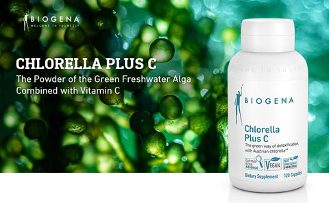 BIOGENA WISSEN SCHAFFT GESUNDHEIT - Chlorella Plus C – Alga Verde Apoio à Desintoxicação – Cápsulas com 900 mg de Pó de Chlorella Vulgaris Orgânica – Suplemento Não-OGM
