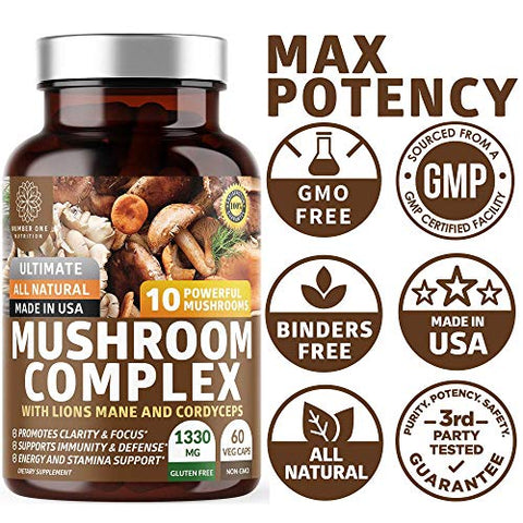 Number One Nutrition - N1N Complexo Premium de Cogumelos [10X Potentes] com Reishi, Cabeça de Leão, Cordyceps, Chaga, Cauda de Peru e Maitake para Apoiar a Saúde, Funções Cerebrais e Níveis de Energia, 60 cápsulas