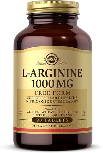 SOLGAR - Solgar L-Arginina 1000 mg – 90 Comprimidos – Estimulador de Óxido Nítrico – Não-OGM, Vegano, Sem Glúten, Sem Lactose, Kosher – 90 Porções