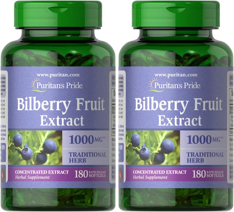 Puritan's Pride - Puritan’s Pride Bilberry 1000 Mg Softgels – Twin Pack 180 Unidades (2 Embalagens) – Comprimidos de Bilberry 1000 Mg – Embalagem Dupla – Alta Qualidade – Saúde Ocular – Antioxidante Natural – Marca Puritan’s Pride