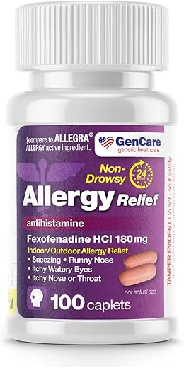 Comprimidos para Alívio de Alergia | Fexofenadina HCl 180mg 100 Comprimidos | Antialérgico Não Sonolento para Rinite Alérgica, Alergias Sazonais, Ambientes Externos - GenCare
