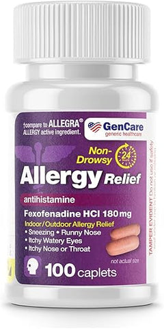 Comprimidos para Alívio de Alergia | Fexofenadina HCl 180mg 100 Comprimidos | Antialérgico Não Sonolento para Rinite Alérgica, Alergias Sazonais, Ambientes Externos - GenCare