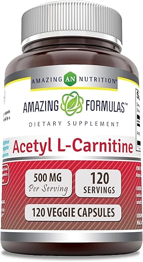 Amazing Nutrition - Amazing Formulas Acetyl L-Carnitine Hcl | 500 mg por Porção | 120 Cápsulas Vegetarianas | Não-OGM | Livre de Glúten | Fabricado nos EUA