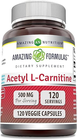 Amazing Nutrition - Amazing Formulas Acetyl L-Carnitine Hcl | 500 mg por Porção | 120 Cápsulas Vegetarianas | Não-OGM | Livre de Glúten | Fabricado nos EUA