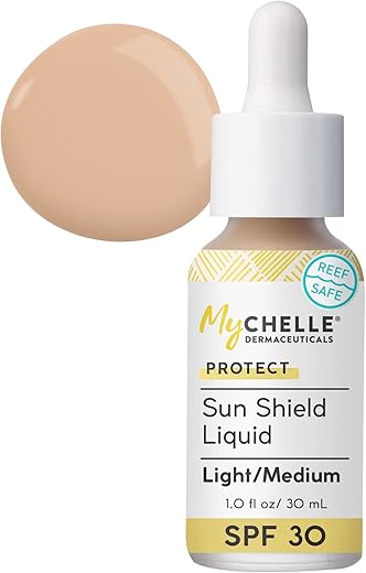 Protetor Solar Tonalizante MyChelle Dermaceuticals Sun Shield Liquid SPF 30 Light/Medium 30ml – Base Leve com Argila Bentonita Absorvente de Óleo – Use como Maquiagem ou Base Sheer