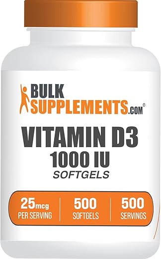 com Softgels de Vitamina D3 1000UI – Cholecalciferol, Suplemento de Vitamina D, 1000UI de Vitamina D – 1 Softgel de Vitamina D3 (25mcg de Vitamina D) por Porção, 500 Unidades (Pacote de 1) - BulkSupplements