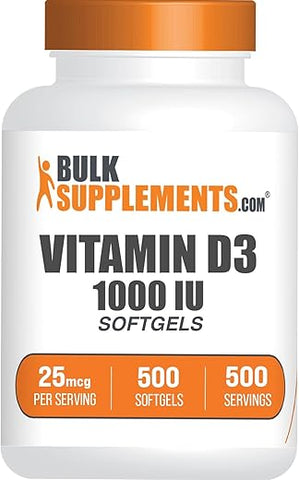 com Softgels de Vitamina D3 1000UI – Cholecalciferol, Suplemento de Vitamina D, 1000UI de Vitamina D – 1 Softgel de Vitamina D3 (25mcg de Vitamina D) por Porção, 500 Unidades (Pacote de 1) - BulkSupplements