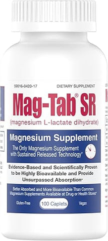 MAG-TAB SR - Mag-Tab SR 100 Comprimidos – Liberação Estendida de Lactato de Magnésio para Absorção 10x Melhor – Suporte para Sono, Cãibras Musculares e Deficiência de Magnésio