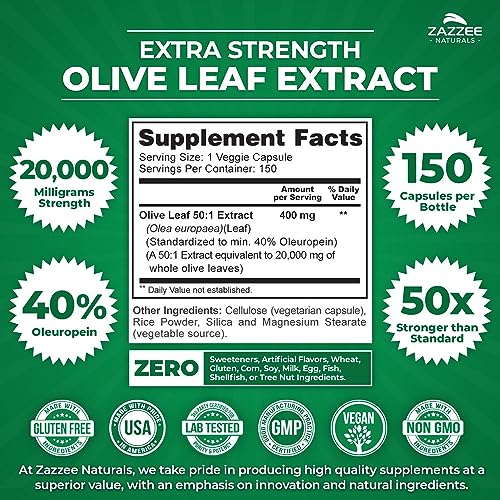 Extrato de Folha de Oliveira Extra Forte 50:1, 20.000 mg de Força, 40%% Oleuropeína, 150 Cápsulas Veganas, Suprimento de 5 Meses, Extrato Concentrado e Padronizado 50X, 100%% Natural - Zazzee