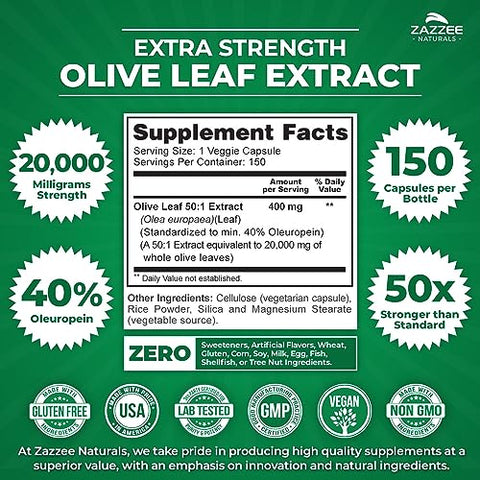 Extrato de Folha de Oliveira Extra Forte 50:1, 20.000 mg de Força, 40%% Oleuropeína, 150 Cápsulas Veganas, Suprimento de 5 Meses, Extrato Concentrado e Padronizado 50X, 100%% Natural - Zazzee