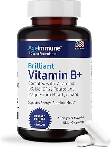AgeImmune - Vitamina B Complexo – 60 Cápsulas com Vitaminas B6 20mg D3 1000UI Magnésio Bisglicinato 260mg Metil B12 1000mcg e Folato como Metilfolato 600mcg DFE. Fórmula Médica MTHFR