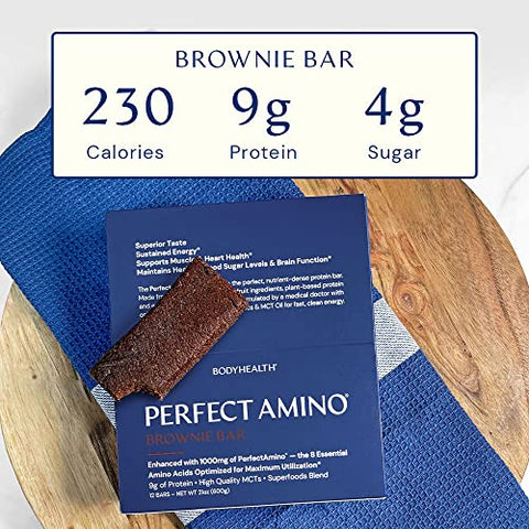 Barra de Proteína BodyHealth PerfectAmino com 10g de Proteína, MCT à Base de Plantas, Mistura de Superfoods, Kosher (Brownie, 12 Unidades)