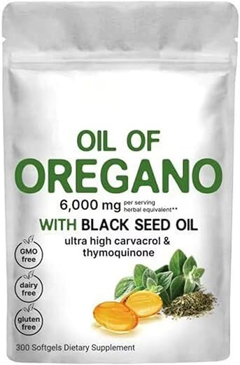podafu - Óleo de Orégano Softgels, 300 Cápsulas Softgels de Suplemento de Óleo de Orégano, 2 em 1 Formulado com Óleo de Semente Negra 200mg, Não-OGM
